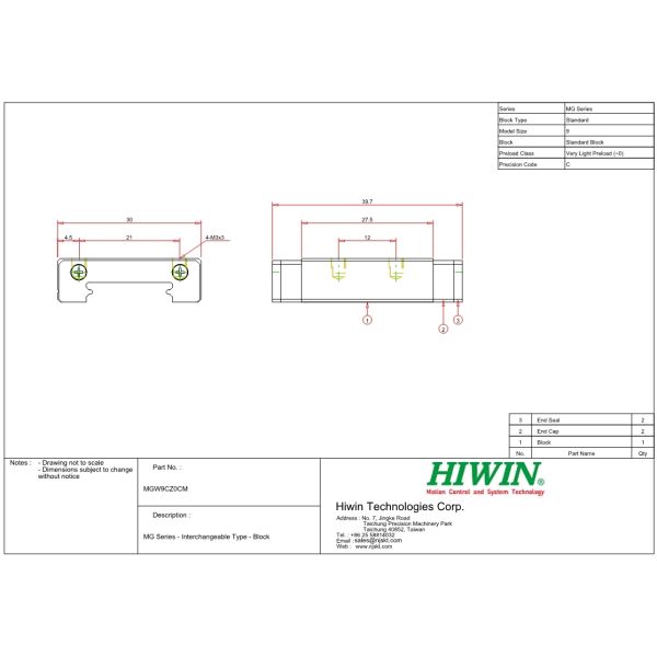 MGW9C Hiwin Linear Slide Linear Guideways Hiwin 9mm Size For Robot Arm