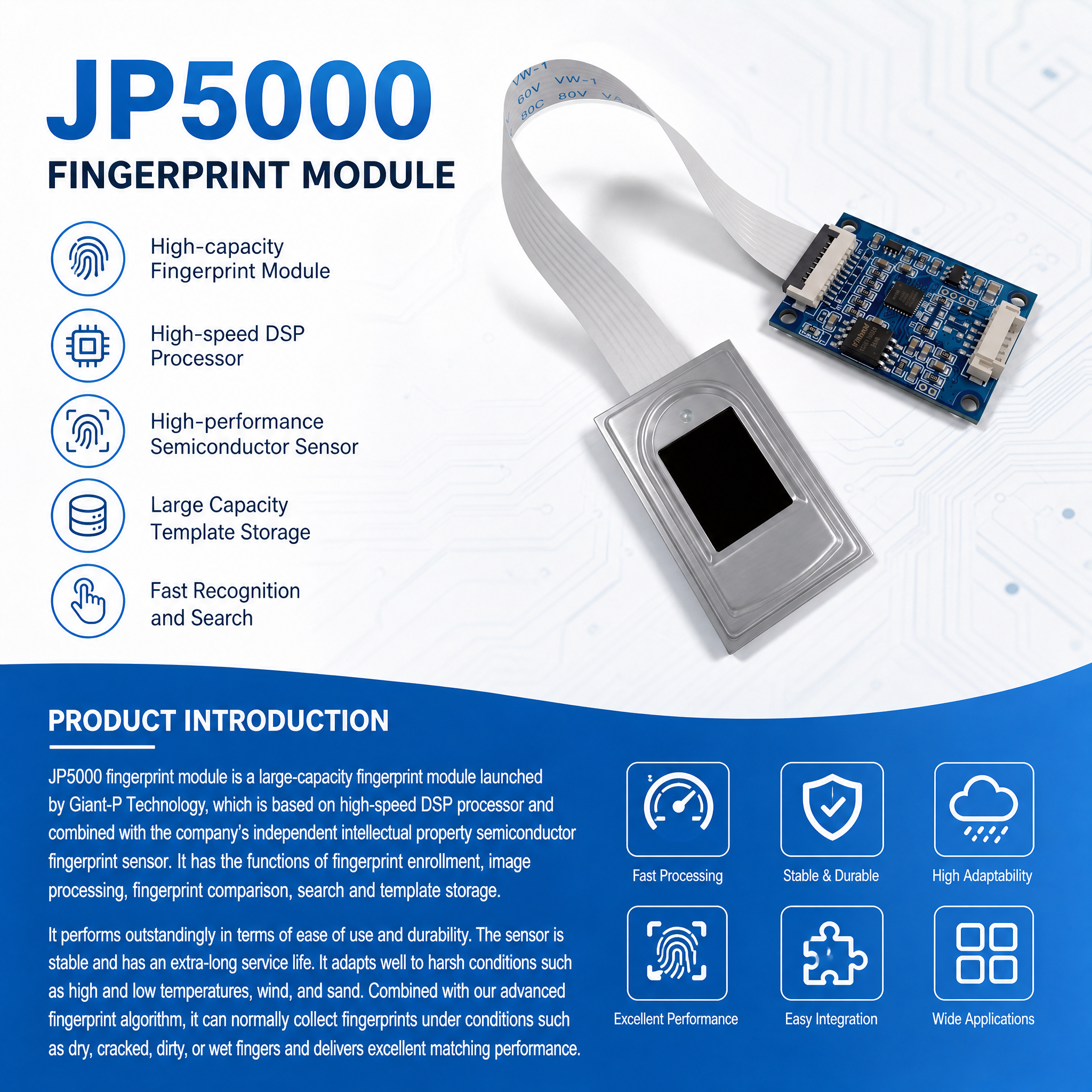 JP5000 Planar Press Capacitive Semiconductor Fingerprint Module 256*288 Pixel 508DPI UART USB Interface 5000 Fingerprint Storage Access Control Sensor