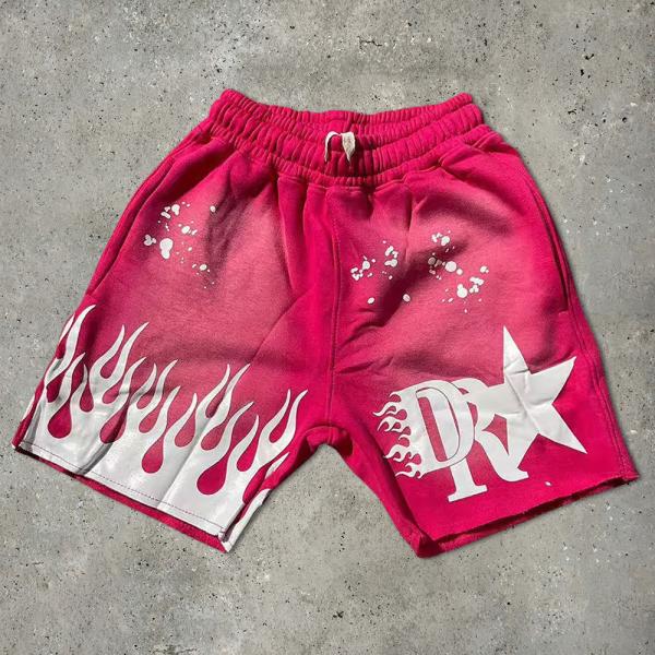 Blue Black Acid Wash Shorts Yellow Drawstring Closure Graphic Print Cotton