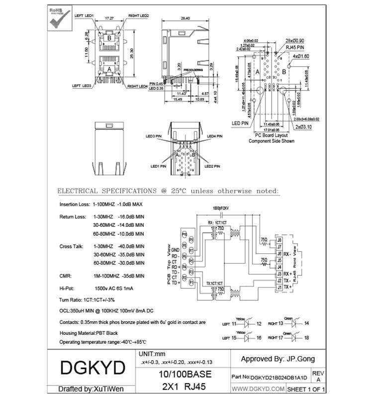 2x1 Shieded Cat5e network Connector stacked dual port RJ45 Female Jack For PCB application