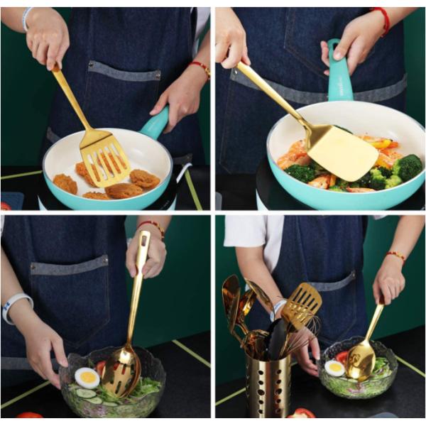 Gold Stainless Steel Spatula Set CU Approved Multiusage Titanium Plating