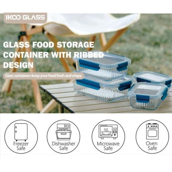 IKOO Borosilicate Glass Food Container with Airtight Locking Lids Stackable Design and 560℃ Oven Safe