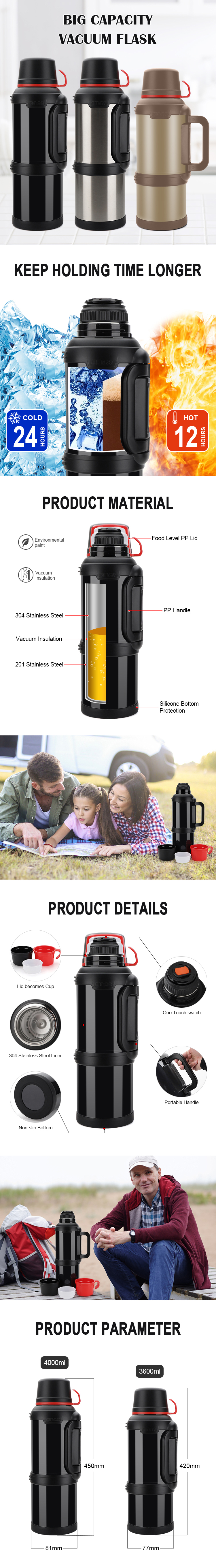 4 Liter Vacuum Travel Pot Stainless Steel Water Bottle Insulated Chilly Bottle 3600/4000ml