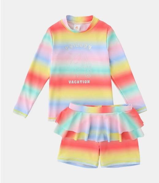 Rainbow Printed Girls' Swimming Suit Bikini Girl Swimming Skirt With Cap Summer