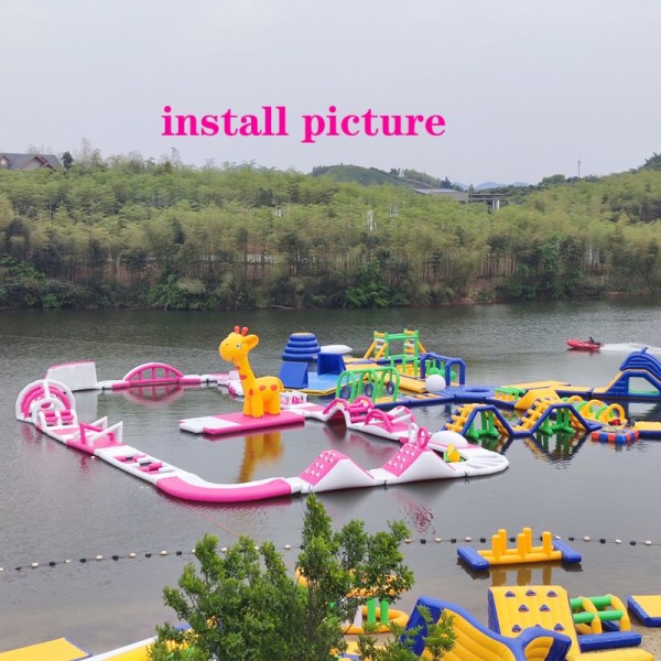 Modular Inflatable Water Park with Custom Floating Obstacle Course Slides Climbing Elements And Connected Play Platforms for Lake Resort Beach And