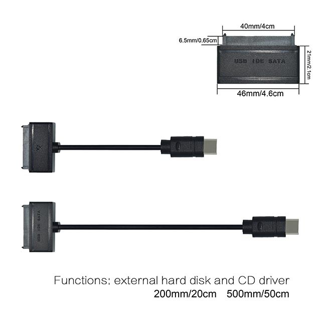 Black 20cm Usb C To Sata Adapter Cable Sata Power Extender Cable