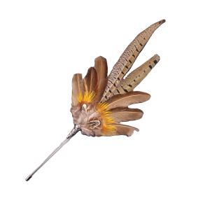 China Dyed Pheasant Feather Flower Mount Brass Brooch in 10*30 cm size for fashion statement wholesale