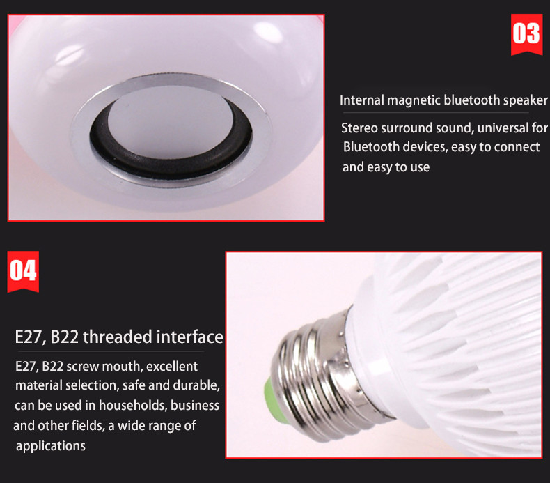 12W RGB Bluetooth Light Bulb 6500K Wireless Speaker Light Bulb For Hotel