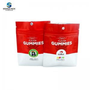 China Three Side Seal Gummy Mylar Weed Packaging Plastic Packaging Pouch With Zipper And Hole on sale