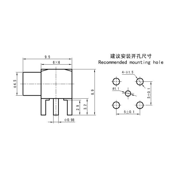 MCX Female RF Coaxial Connector – PCB Mount, Four-Leg Type
