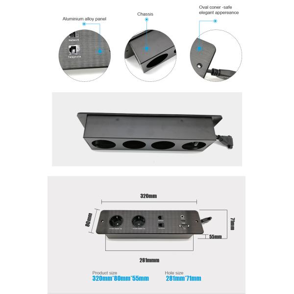 Aluminium German Table Top Plug Socket Power Outlet Recessed Panel