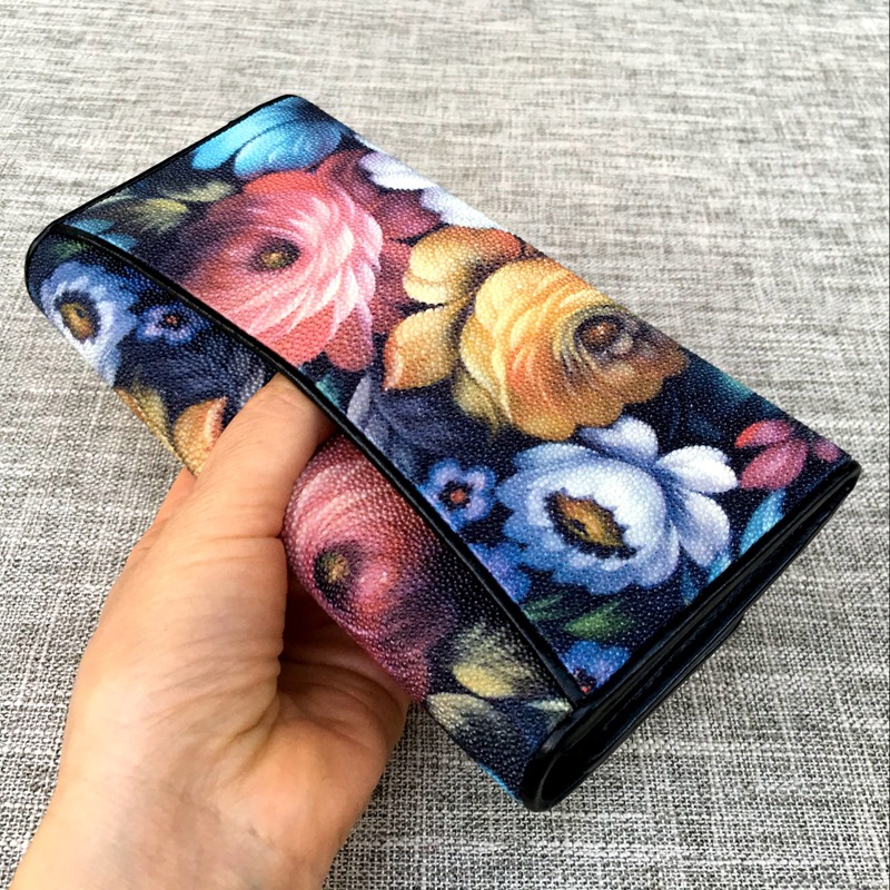 Thailand Authentic Stingray Skin Women's Long Trifold Wallet Genuine Leather Female Flower Clutch Lady Large Card Purse