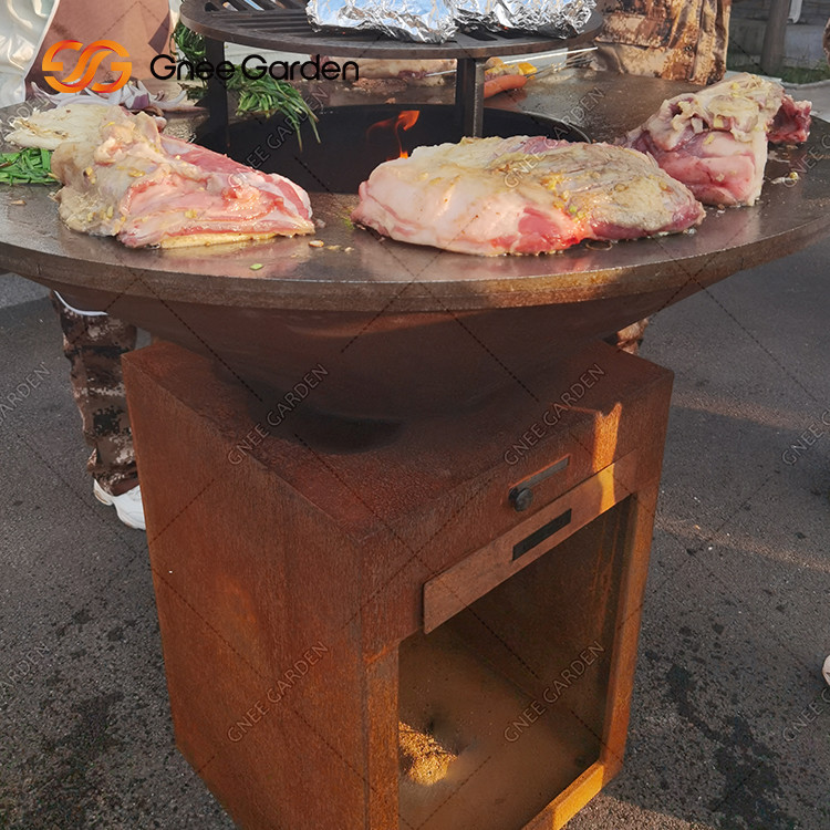 Outdoor BBQ Customized Corten Steel Fire Pit With Firewood Storage Backyard Rusty Colour