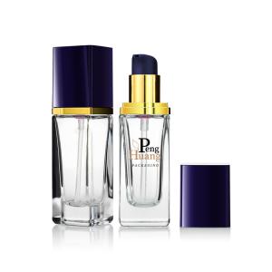 China Cosmetic Packaging 30ml Square Foundation Glass Bottle With Black Pump Skin Care F123 wholesale