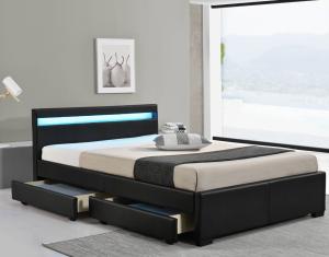 China Black Faux Leather Double Size Upholstered Bed With Lights Wireless Remote Control wholesale
