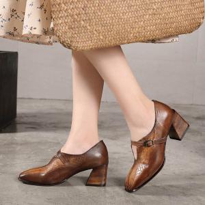 China S166 2020 autumn and winter square toe thick heel handmade original leather high heels literary forest women's retro wholesale
