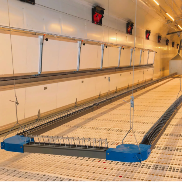 Modular Structure Automatic Pan Feeding System for High Energy Efficiency Broiler Floor Farming with Quick Assembly