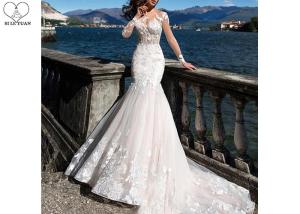 China Unique White Long Sleeve Lace Bridal Gowns Perspective Waist Back Long Fishtail wholesale