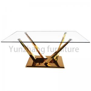 China Minimalist Rectangular Glass Top Dining Table With Solid SS201 Gold Plated Stand Base on sale