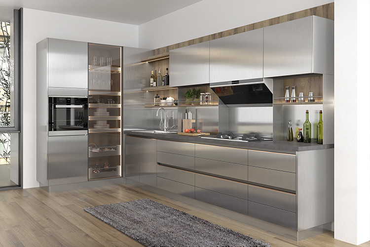 Gray Gloss Modular Stainless Steel Kitchen Cabinet Set Modern L Shaped