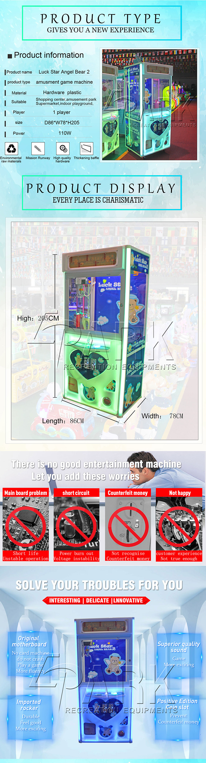 Luck Star Angel Bear EPARK Claw Crane Game Merchandiser Machine
