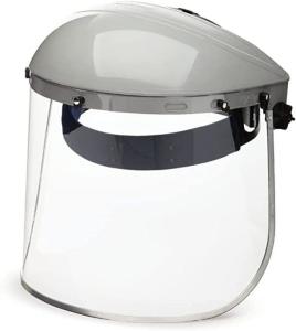 China Gray Ratchet Clear Plastic Protective Face Shield With Window Aluminum Binding wholesale