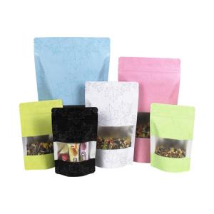China Food Packaging Maple Leaf Pattern Printed Zipper Bag Kraft Paper Aluminum Foil Inside Stand Up Colorful Window Pouch wholesale