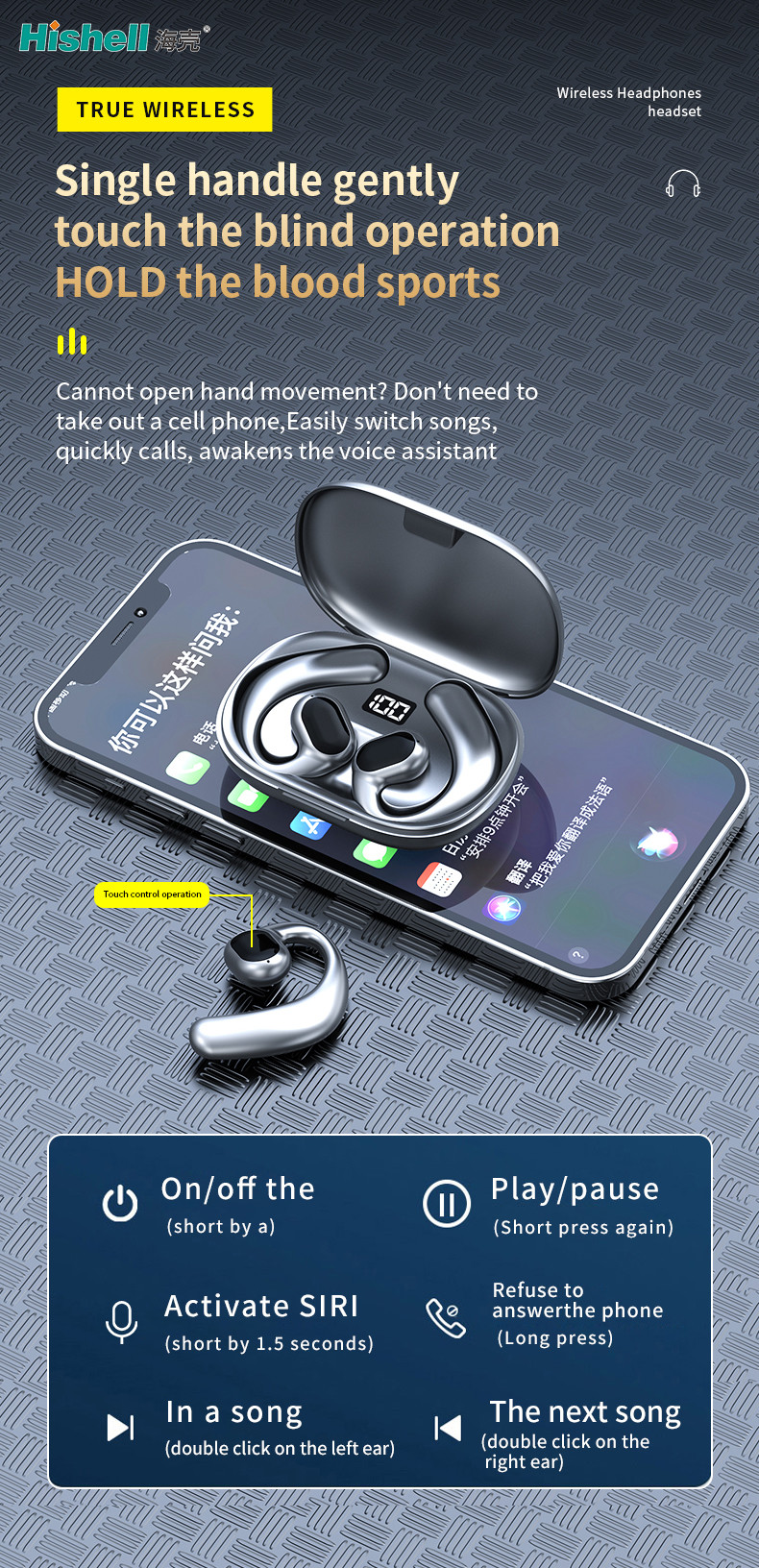 GT01 Wireless Bluetooth Earbuds Over Ear Portable Sports TWS Headset