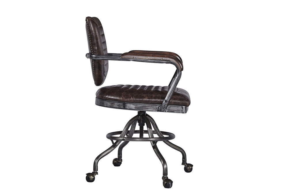 Matt Iron Frame Dark Brown Leather Office Swivel Chairs With Arms Deep Buttoned Back