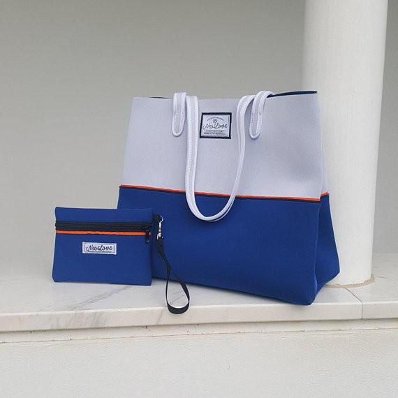 Tote bag ,Greek Island neoprene beach bag, travel pouch and tote bag with purse,