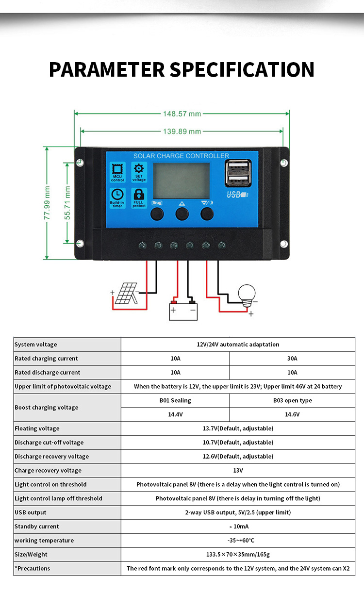 12V/24V PWM Solar Charge Controller Lithium Battery Solar Charge Controller 30A