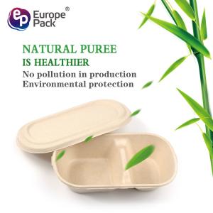 China Disposable sugarcane bagasse 850ml, 1000ml 2 compartments food container with lids biodegradable compostable wholesale