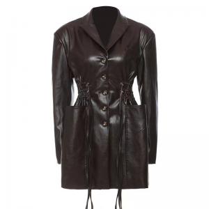 China Breathable Women Fashion Drawstring Oversized Midi Winter Pockets Long Leather Jacket Coat PU Jackets wholesale