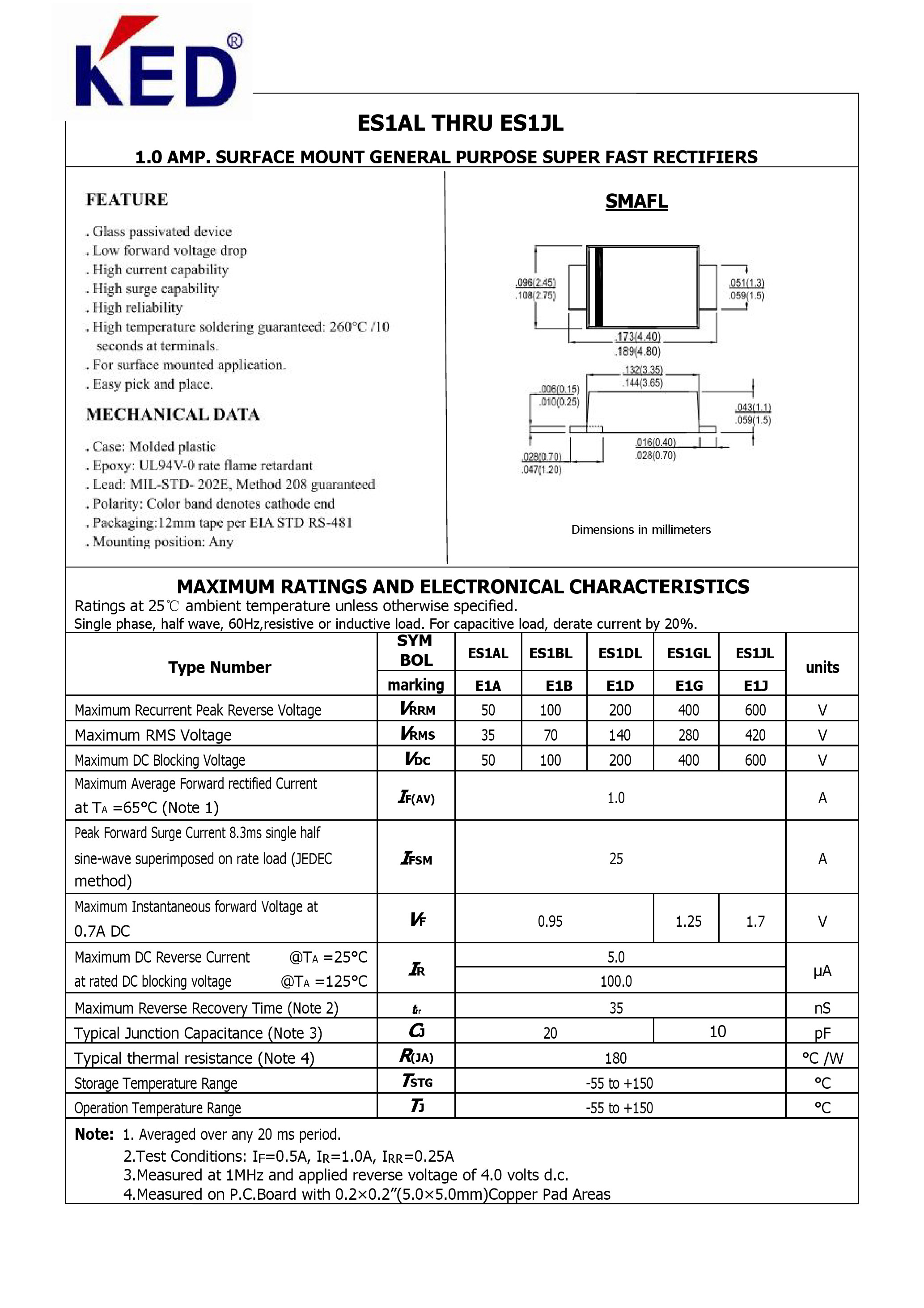 1A Es1af Thru Es1jf Super Fast Recovery Rectifier Diode Smaf Package