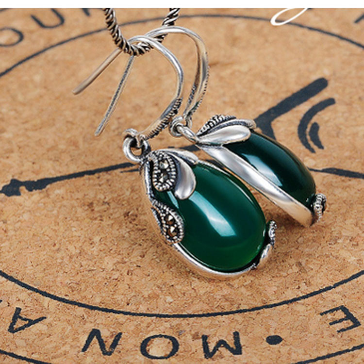 Retro Jewelry Thailand Silver with Marcasite and Green Agate Earrings (JA1750GREEN)