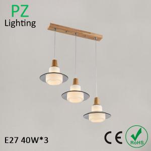 China Oak wood dinner table pendant lamp with 3 heads glass shade E27 socket wood imported on sale