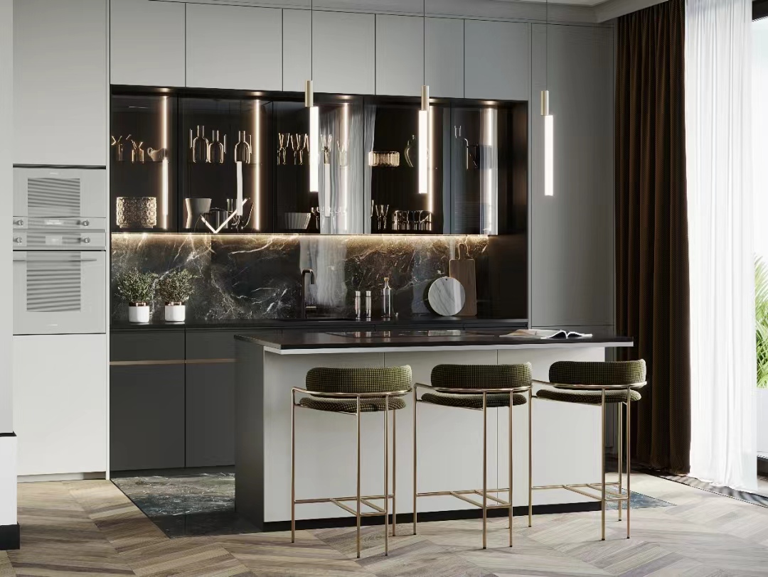 Australia Modular Kitchen Cabinets with Quartz Stone Countertop and Matt Lacquer Handl