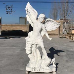 China Famous Marble Angel Statue Saint Michael The Archangel Slaying Demon Stone Garden Sculpture wholesale