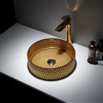 Round Gold Glass Vessel Sink Diamond Table Top Bowl Wash Basin Crystal Bathroom