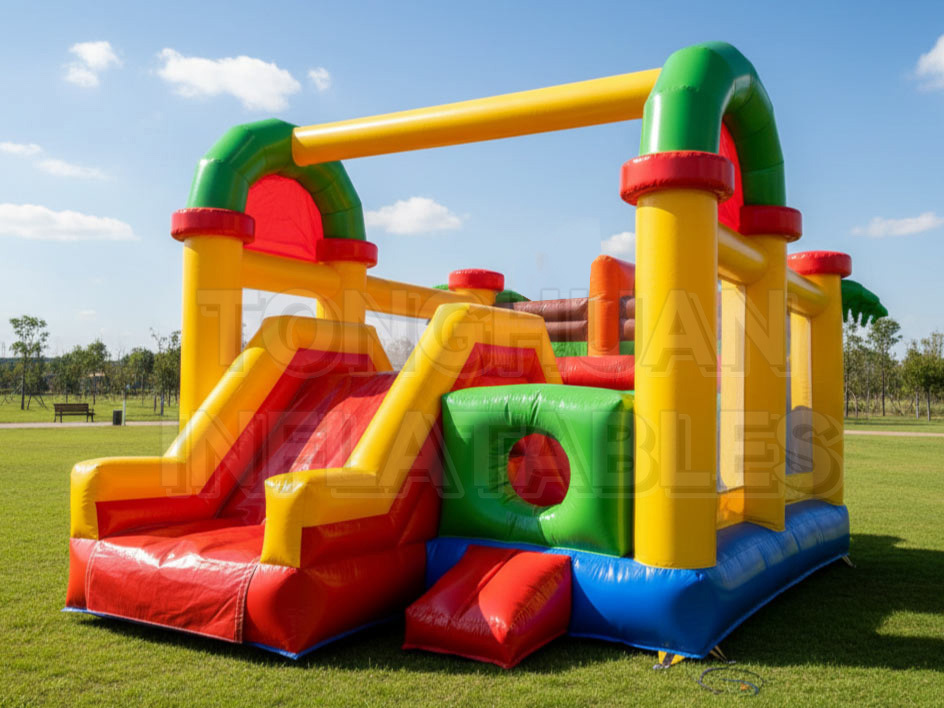 Colorful Inflatable Bouncer Combo with Slide and Obstacle Play Area for Kids Parties and Rental Events