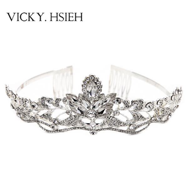 VICKY.HSIEH Wedding Elegant Opalescent Stone Tiara Rhinestone Crystal Bridal