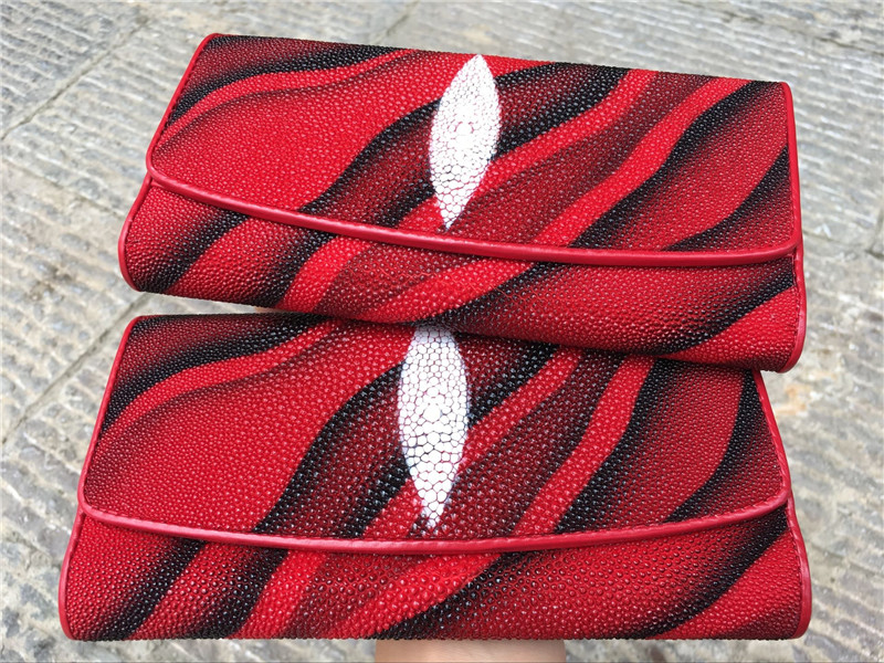 Authentic Stingray Skin Female Long Trifold Wallet Coin Case Genuine Leather Women Large Red Clutch Purse Lady Money Bag