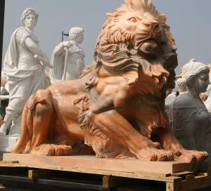 China Nature Stone carving lions statue pink marble animal sculpture,stone carving supplier wholesale