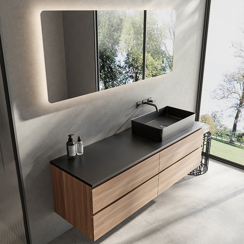 Customized Single Bathroom Vanity with Smart Mirror Minimalist Solid Wood Cabinet