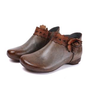 China S178 Factory autumn and winter new retro ethnic style polished color flower short boots flat handmade leather women's s wholesale