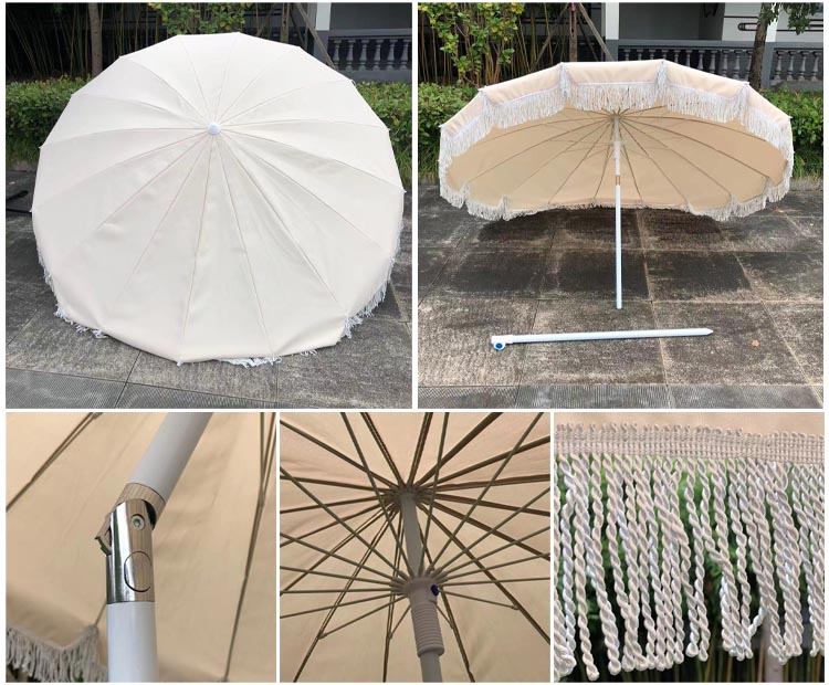 Outdoor Beach Courtyard Sun Umbrella with Tassel in Wood Color and Polyester Material