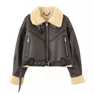 China Custom Cropped Leather Jacket Vintage Women′s Motor Jackets Brand Quality Sherpa Warm Bomber Coat for Women Winter wholesale