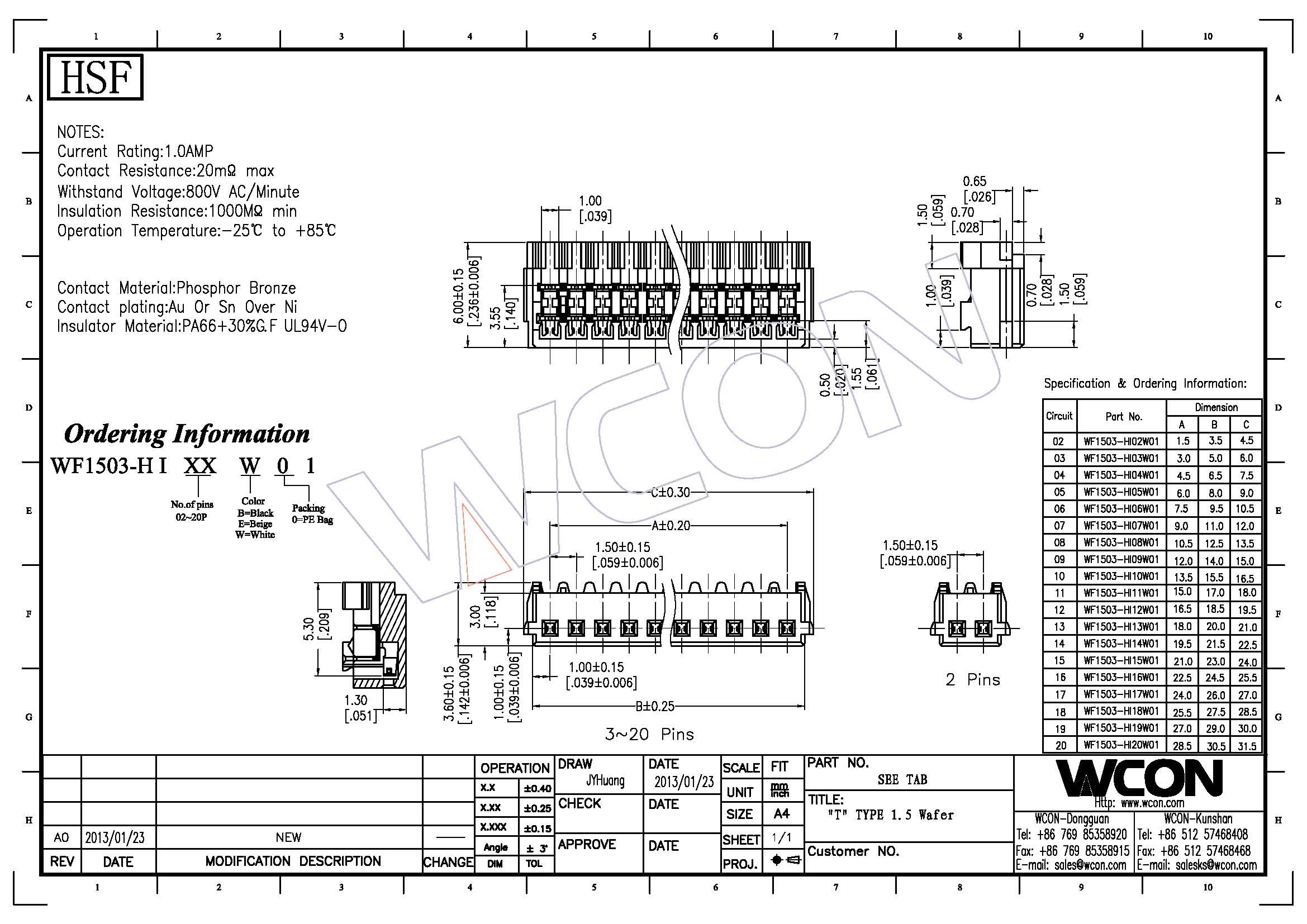 1.5 mm Pitch Female Connector / Circuit Board Wire Connectors
