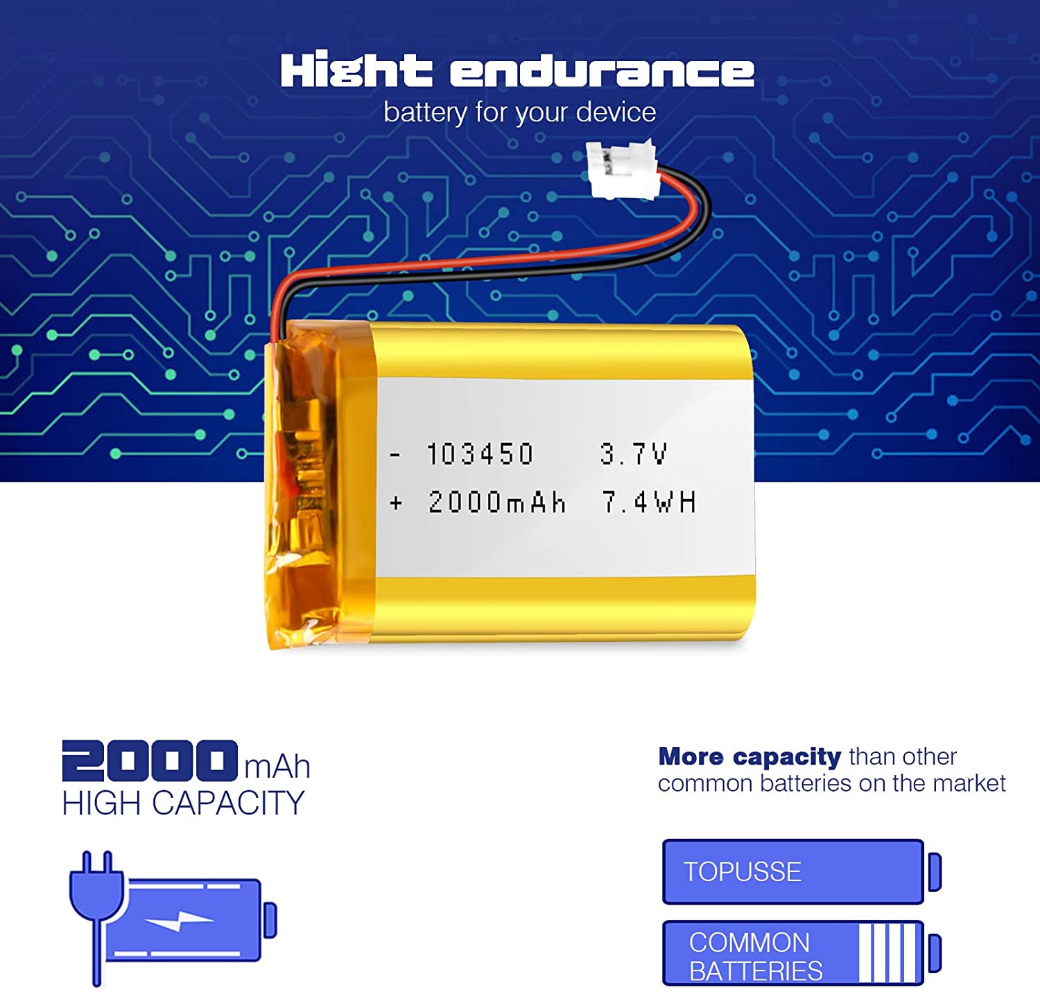 103450 3.7V Lithium Ion Polymer Battery 57g Rechargeable Li Ion Battery 2000mAh