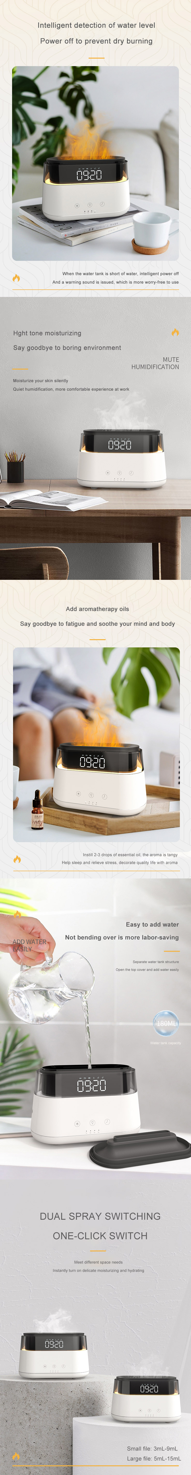 LED Clock Flame Humidifier Flame Multifunctional Humidifier for Home Office Spa Yoga Essential Oil Aroma Diffuser